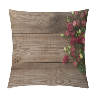 Personality  Top View Of Beautiful Tender Eustoma Flowers And Scissors On Wooden Background Pillow Covers