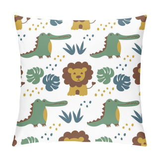 Personality  Seamless Pattern With Cute Lions And Crocodiles. African Animals And Jungle Plants In Flat Style. Childrens Vector Background Pillow Covers