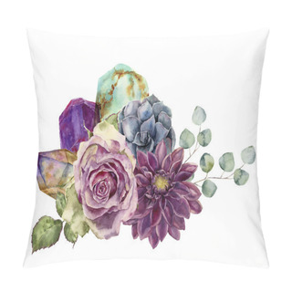Personality  Watercolor Bouquet Of Flowers, Succulents, Eucalyptus And Gem Stones. Hand Drawn Composition Isolated On White Background. Minerals And Plants Design Pillow Covers