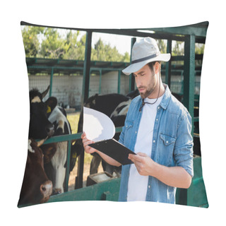 Personality  Farmer In Straw Hat Looking At Clipboard Near Cows On Farm Pillow Covers