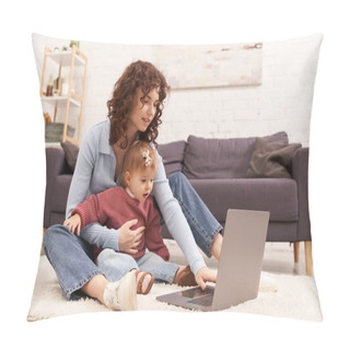 Personality  Modern Working Parent, Engaging With Child, Balancing Work And Life, Curly Woman Using Laptop In Cozy Living Room, Modern Parenting, Multitasking Woman, Freelance, Building Successful Career  Pillow Covers