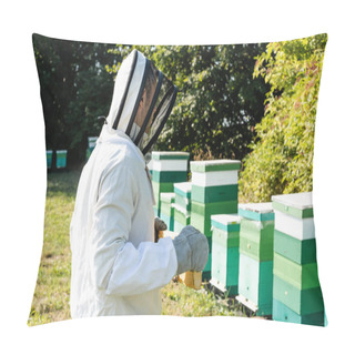 Personality  Apiarist In Beekeeping Suit And Helmet With Veil Holding Honeycomb Near Beehives On Apiary Pillow Covers