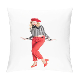 Personality  Smiling Pretty Woman In Red Beret And Holding Suspenders Isolated On White Pillow Covers