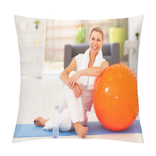 Personality  Happy Senior Woman Resting On Mat After Exercise At Home Pillow Covers