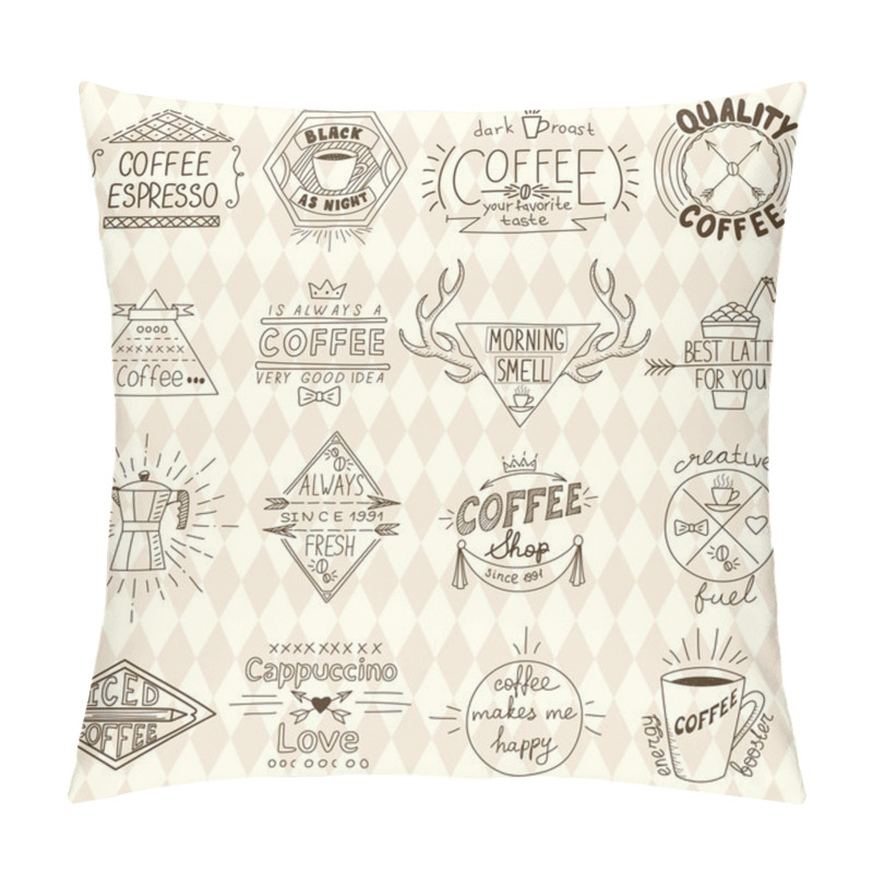 Personality  Collection of hipster sketchy coffee labels. Vector illustration pillow covers