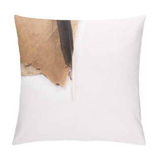 Personality  Top View Of Vintage Aged Paper And Feather Isolated On White Pillow Covers