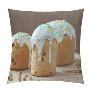 Personality  Traditional Ukrainian Culture Easter Cake Called Kulich Sweet Bread With Icing And Candies On Rustic Textile Pillow Covers