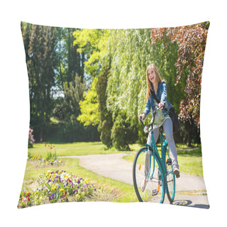 Personality  Laughing Girl Riding Bicycle In The Park Pillow Covers