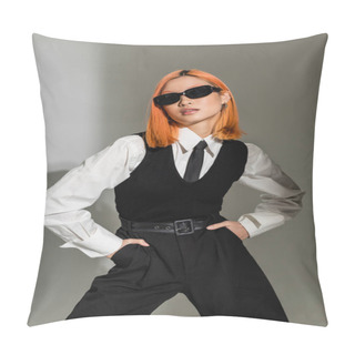 Personality  Attractive And Sensual Asian Woman With Colored Red Hair Posing In Dark Sunglasses, White Shirt, Black Tie, Vest And Pants While Holding Hands In Pockets On Grey Shaded Background Pillow Covers