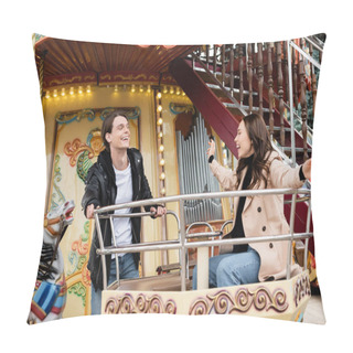 Personality  Cheerful Man In Stylish Outfit Looking At Happy Girlfriend Laughing On Carousel In Amusement Park Pillow Covers