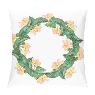 Personality  Illustration Of Watercolor Hand Drawn Romantic Wreath Of Orange Flowers And Green Leaves Isolated On White Background. Flower Frame For Card And Wedding. Plumeria, Rose, Retro, Vintage. Pillow Covers
