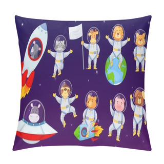 Personality  Cartoon Cute Astronaut Animals In Spacesuits Flying In Space. Funny Animal Characters In Rocket Or Spaceship, Lion, Fox Astronauts Vector Set Pillow Covers