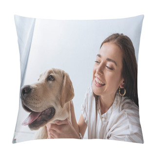 Personality  Smiling Girl Petting Golden Retriever On White Background Pillow Covers