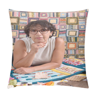 Personality  Mature Brunette Woman Sewing Patchwork Pillow Covers