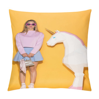 Personality  Stylish Asian Female Model In Sunglasses Holding Handbag And Decorative Unicorn On Yellow Background  Pillow Covers
