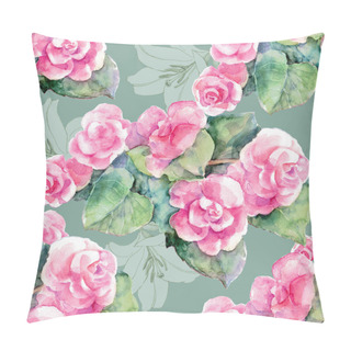 Personality  Watercolor Pink Begonia With Graphic Lily. Seamless Pattern On A Green Background. Pillow Covers