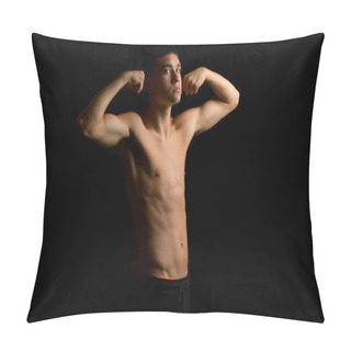 Personality  Shirtless 19 Year Old Teenage Boy Flexing His Arms With A Black Background Pillow Covers