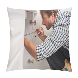 Personality  Side View Of Plumber Holding Metal Pipe While Fixing Kitchen Sink  Pillow Covers