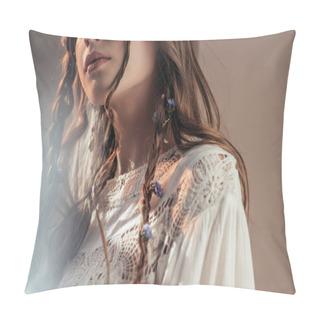 Personality  Cropped View Of Bohemian Woman With Braids In Hairstyle Posing In White Boho Dress On Grey With Lens Flares  Pillow Covers
