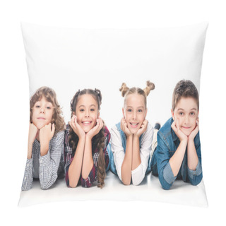 Personality  Smiling Classmates Lying And Resting Chins On Hands Isolated On White Pillow Covers