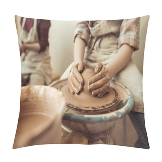 Personality  Close Up Of Child Hands Working On Pottery Wheel At Workshop Pillow Covers