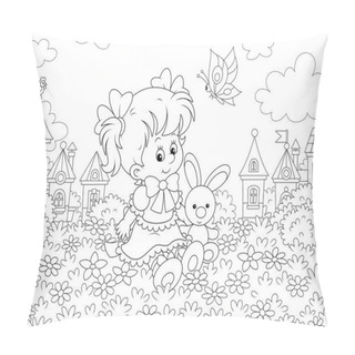 Personality  Cute Little Girl In A Beautiful Dress Sitting With A Small Toy Rabbit Among Flowers On A Lawn Against A Background Of A Small Town, Black And White Vector Illustration In A Cartoon Style Pillow Covers