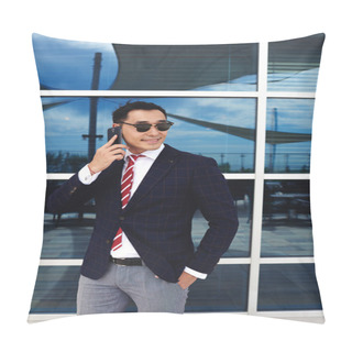 Personality  Smiling Businessman Speaking On Mobile Phone Pillow Covers