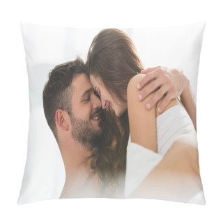 Personality  Young Couple Smiling And Embracing In Bed In Morning Pillow Covers