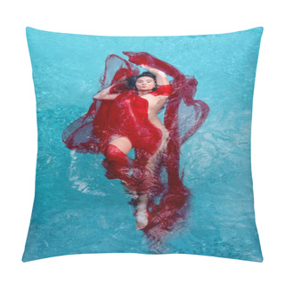 Personality  Beautiful Young Woman With Vitiligo Disease In Red Evening Dress, Floating Weightlessly Elegant In The Pool Pillow Covers