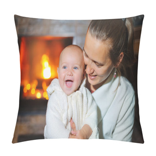 Personality  Mother And Daughter Relaxing On Sofa By Cosy Log Fire Pillow Covers