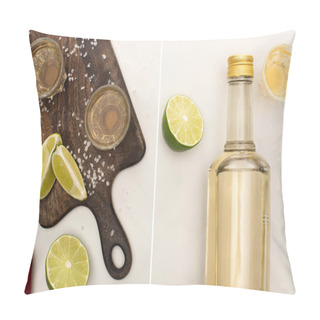 Personality  Collage Of Golden Tequila In Bottle And Shot Glasses With Lime, Chili Pepper, Salt On Wooden Cutting Board On White Marble Surface Pillow Covers