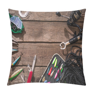 Personality  Fishing Tackle - Fishing Spinning, Fishing Line, Hooks And Lures On Wooden Background. Pillow Covers