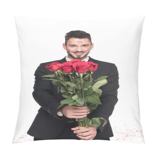 Personality  Man With Lips Traces On Face Showing Bouquet Of Roses Isolated On White, Valentines Day Concept Pillow Covers