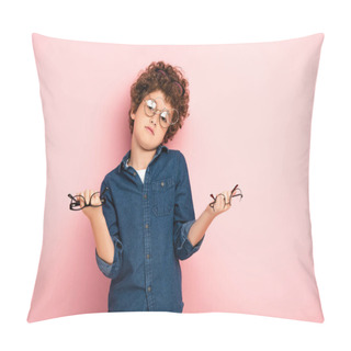 Personality  Confused Boy Holding Bunch Of Eyeglasses On Pink   Pillow Covers