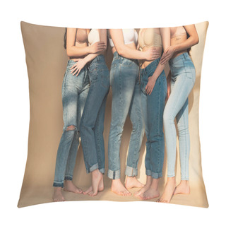 Personality  Partial View Of Five Women In Blue Jeans And Bras Standing Together In Sunlight, Body Positivity Concept Pillow Covers