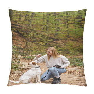 Personality  Beautiful Female Blonde Woman Sitting In Forest With Dog And Looking At Each Other While Training Pillow Covers