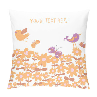 Personality  Bright Spring Background In Orange Colors. Birds On Floral Meadow Seamless Pattern In Vector Pillow Covers