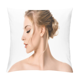 Personality  Profile Of Naked Beautiful Blonde Woman With Makeup Isolated On White Pillow Covers