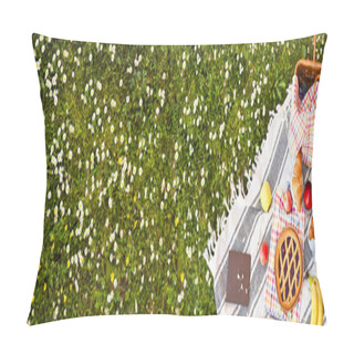 Personality  Picnic Basket On A Plaid And A Green Meadow With Flowers. Lunch Sweet Cake, Croissants, Drinks, Fruits In The Park On The Green Grass. Summer Picnic Background Concept. Above, Copy Space. Banner. Pillow Covers