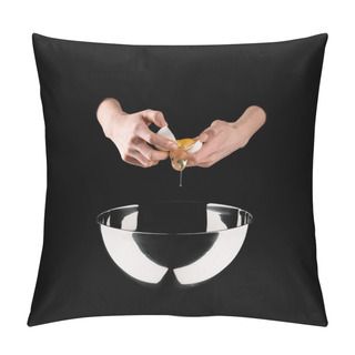 Personality  Cropped Image Of Woman Holding Broken Chicken Egg Above Bowl Isolated On Black Pillow Covers