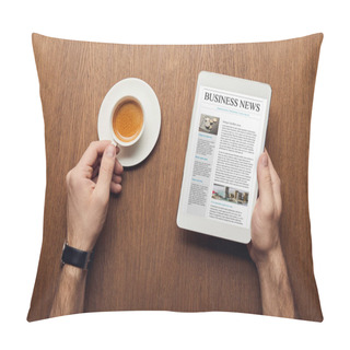 Personality  Cropped View Of Man Holding Digital Tablet With Business News On Screen And Cup Of Coffee Pillow Covers