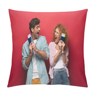 Personality  Couple Of Excited Travelers Holding Passports With Air Tickets, Isolated On Red Pillow Covers
