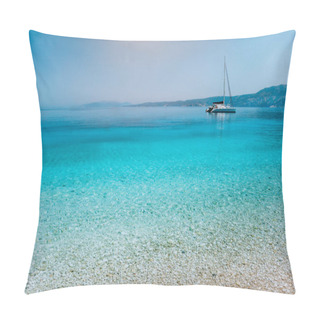 Personality  Sailing Catamaran Yacht Boat At Anchor Near Pebble Beach With Calm Pure Clear Azure Blue Water Surface Pillow Covers