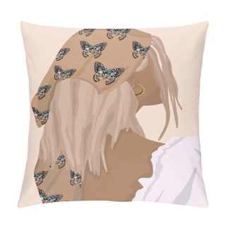 Personality  Girl In A Bandana With A Butterfly Print And A White Blouse. Vector Fashion Illustration  Pillow Covers