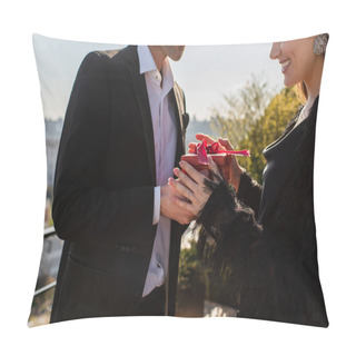 Personality  Man Giving Red Gift Box To Cheerful Woman On Terrace  Pillow Covers