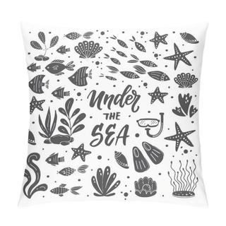 Personality  Vector Under The Sea Illustration. Set Of Hand Drawn Elements Fishes,starfish, Coral, Mask And Fins, Seaweed.  Underwater World Illustration. Sea Life. All Objects Separate. Pillow Covers