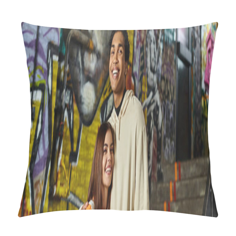 Personality  Banner Of Diverse Happy Couple Standing Hugging In A Graffitied Stairwell, Sharing A Smile Pillow Covers