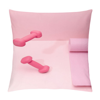 Personality  Pink Bright Dumbbells Levitating In Air Near Fitness Mat On Pink Background Pillow Covers