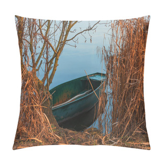 Personality  Tin Fishing Boat Anchored On The Edge Of A Pond By The Winter Reeds. Pillow Covers