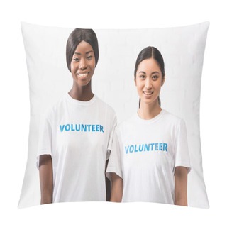 Personality  Asian And African American Women With Volunteer Lettering On T-shirts Looking At Camera  Pillow Covers